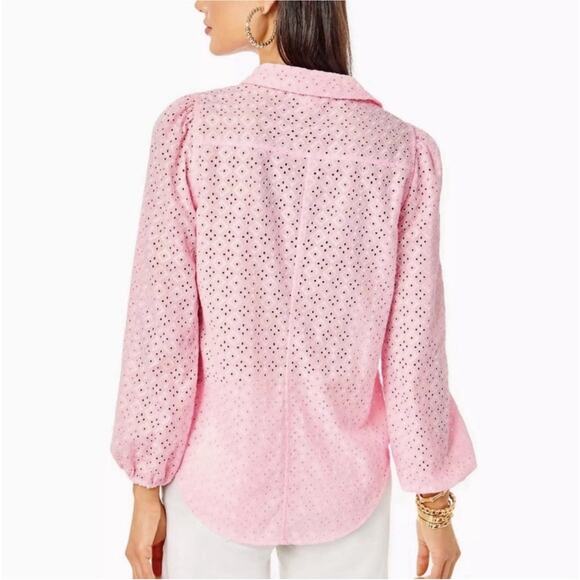 Lilly Pulitzer Sea Breeze Eyelet Button Down Top Pink Blossom Womens Size XS - Picture 2 of 12